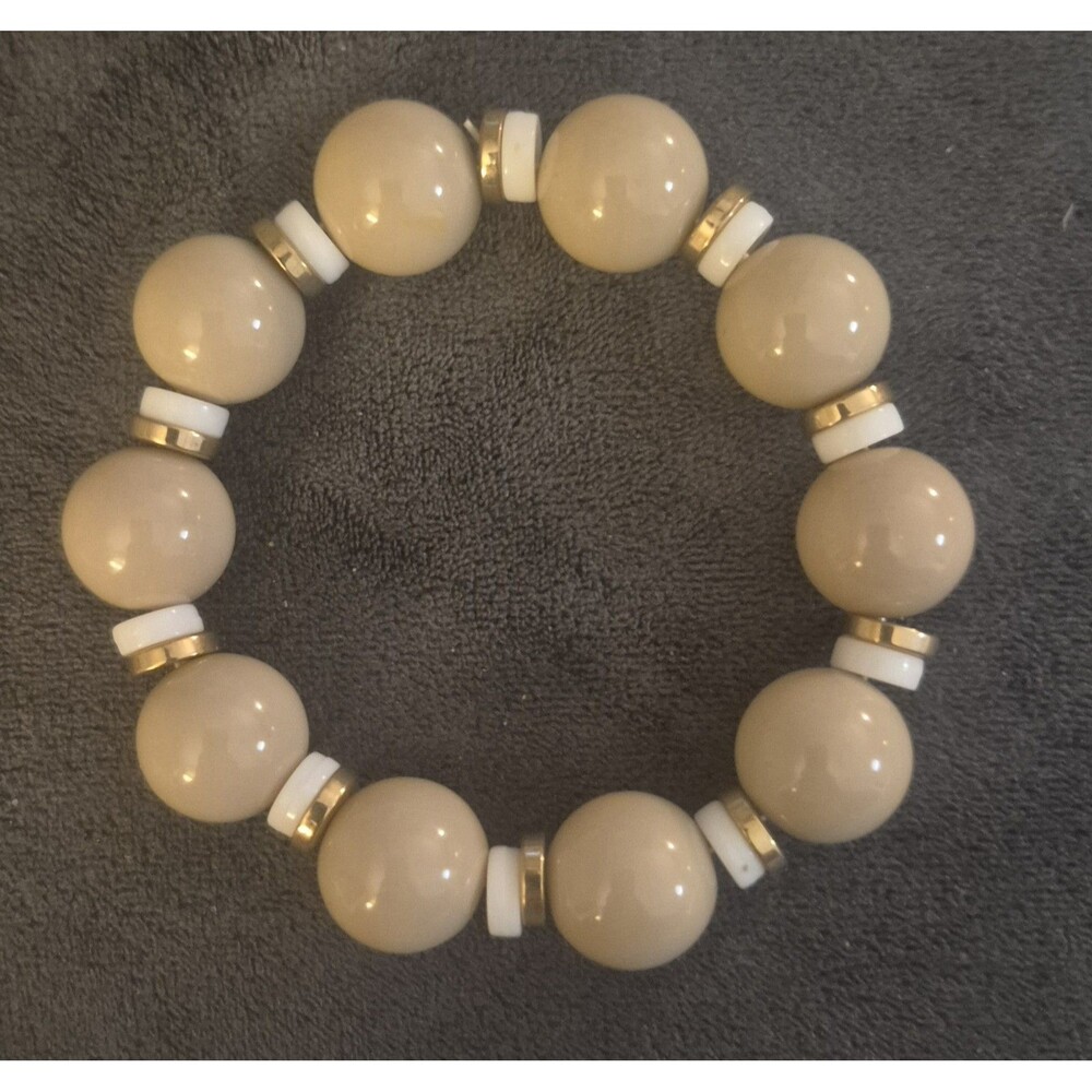 Vtg 80s Chunky Acrylic Resin Bead Stretch Bracelet Tan Café Au Lait Gold Tone